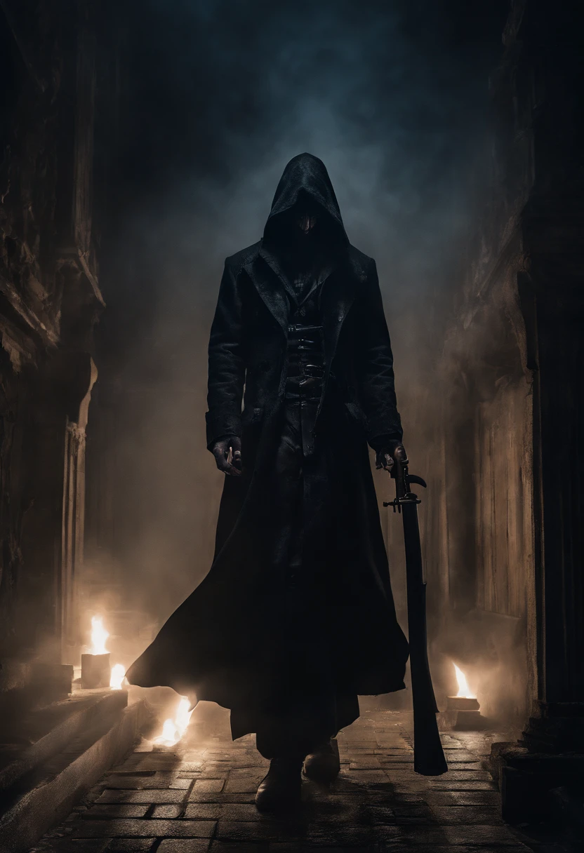 (best quality,highres,masterpiece:1.2),dark wooden hotel, young villager with weapon, enveloped in a black robe, gun emitting blue light,contrast lighting,detailed wooden texture,dark atmosphere,vibrant colors,sharp focus,long shadows,ominous theme,hidden secrets,mysterious aura,dramatic composition,detail-rich environment,captivating story,heroic pose,wisps of smoke,nighttime scene,thick mist,interplay of light and shadows,foreboding presence,sense of adventure,mystical elements,suspenseful mood,dynamic action,shimmering reflections,ethereal ambiance,imposing architecture,gothic style,fantasy setting.