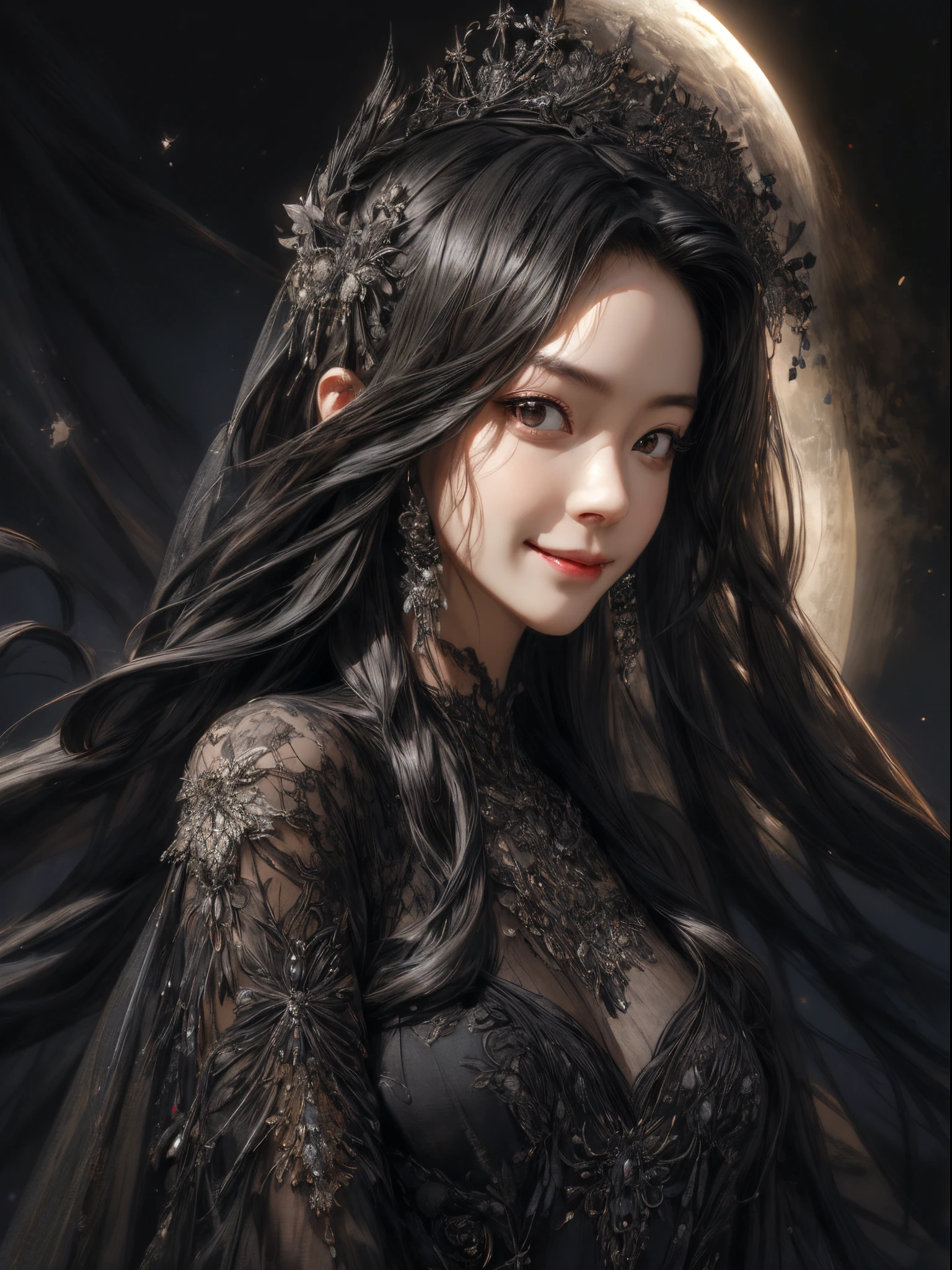 (best quality,high-res:1.2), ultra-detailed, real, photorealistic:1.37, portrait, alone, girl, gazing at the viewer, intricately detailed face, in the pitch-black night, subtle, purebred face_v1, a smile, long, black shoulder-length straight hair, silk dress, long gown