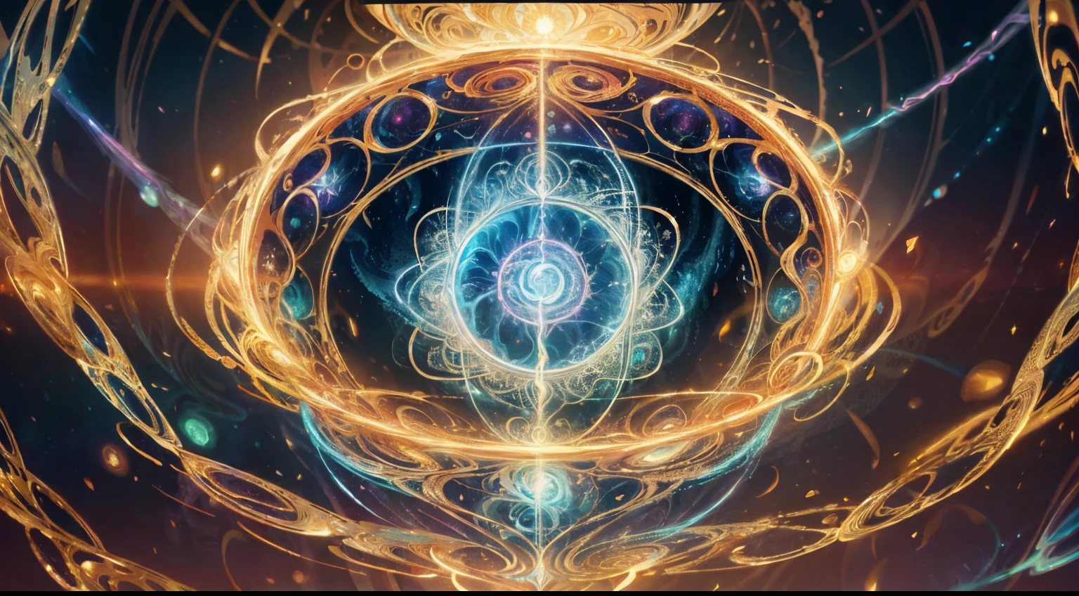 artdecoAI, tangled and twisted, iridescent braided ribbons, fractal energy waves spiral around a soul vessel, glowing plasma particles in nebula before a crystalmandala, gold, silver and ivory colors