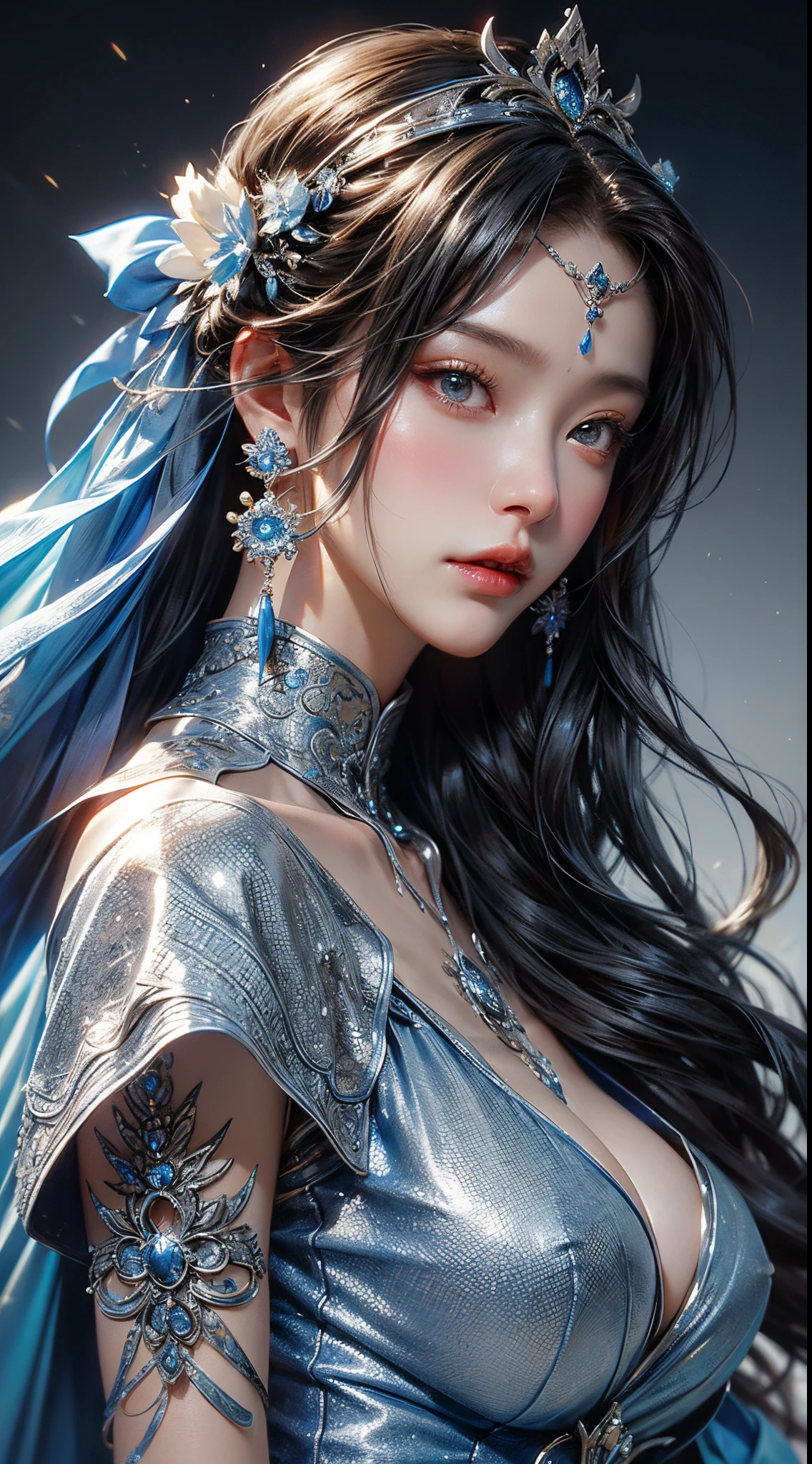 a close up of a woman in a silver and blue dress, chengwei pan on artstation, by Yang J, detailed fantasy art, stunning character art, fanart best artstation, epic exquisite character art, beautiful armor, extremely detailed artgerm, detailed digital anime art, artgerm on artstation pixiv, armor girl