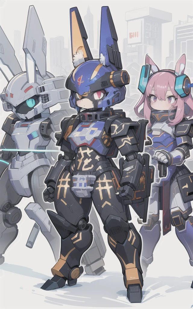 Cartoon image of robot rabbit holding gun, mecha cyber armor, Cool mech style, Mecha suit, Full robot full body mecha suit, cyber fight armor, wearing cyber armor, anime mecha armor, Purple armor, Complex assassin mecha, Mecha Inspiration, Trio, three roles, Spatial perspective, The vision becomes blurred