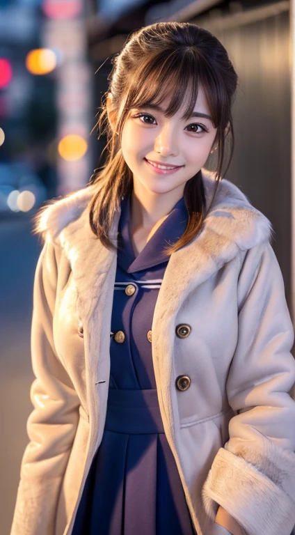 ((masterpiece, Best Quality)), ((A high resolution)), (photograph realistic), Best Shadow, high detailing, Very detailed, (nice hand, Perfect hands), (Face Focus:1.2), ((1girl in)), Beautiful Girl, 18 years old, Brown eyes, (brown ponytail hair 1.5), (big breasts:1.3), (smile:1.3), Glossy white skin, (view from front:1.3), (Very slender:1.3), (Cute face:1.3), (look at viewer:1.4), Kawaii face, thin lips, detailed facial features, Crisp focus, perfect beautiful body and face, Cute childish face, Perfectly focused, (serafuku:1.1), Long bangs, in the twilight city, (cowboy shot:1.2), japanese famous idol, (Standing:1.3), (coat fur:1.5)