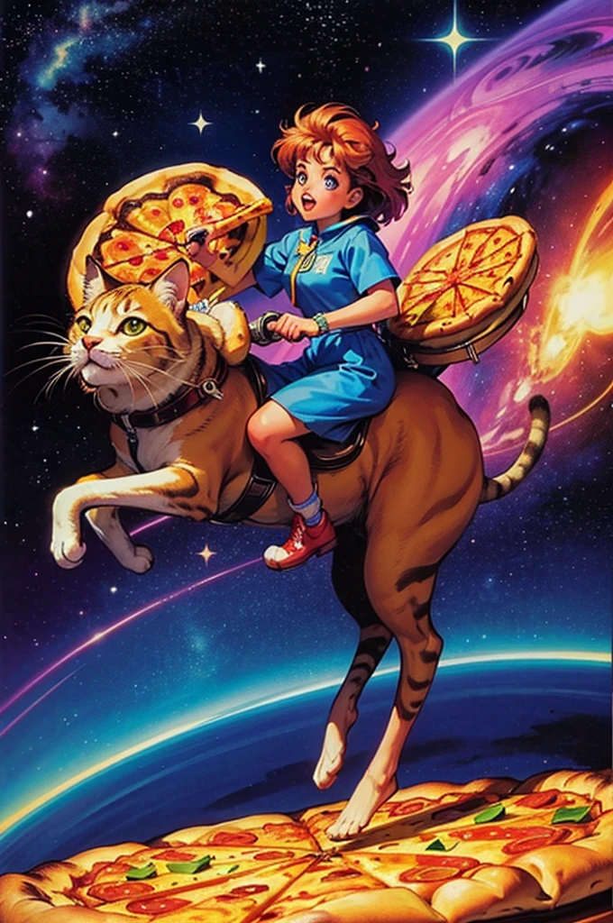 masterpiece, highest quality, cat riding a pizza through space, 80s, colorful, space, stars, vivid colors