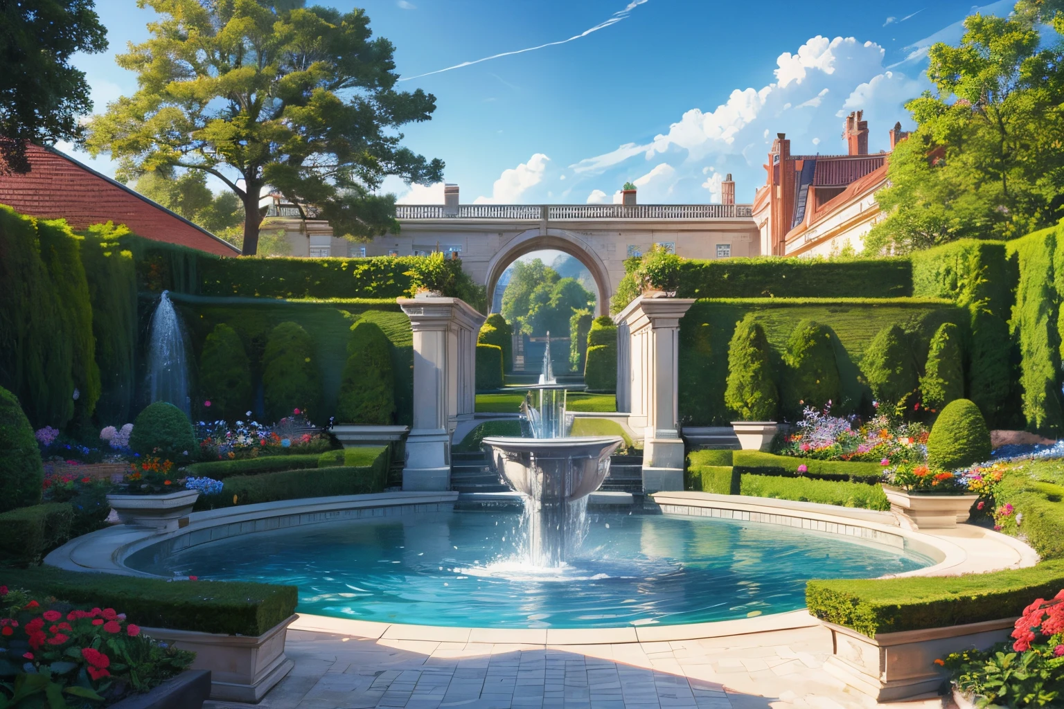The Royal Gardens, meticulously designed, a harmonious combination of nature and landscaping, colorful flowers, neatly trimmed bushes, Water fountains gently gush