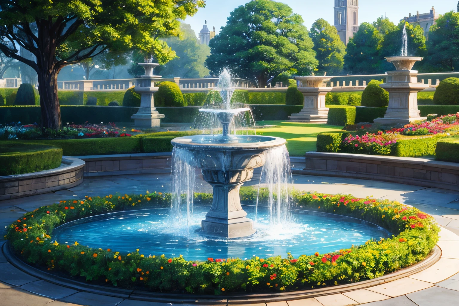 The Royal Gardens, meticulously designed, a harmonious combination of nature and landscaping, colorful flowers, neatly trimmed bushes, Water fountains gently gush