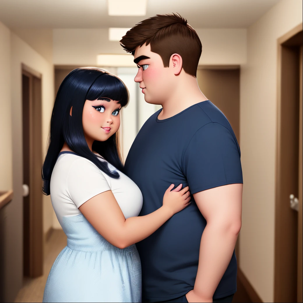 A disney pixar couple. Left side is a guy who is wearing a navy blue shirt, with tanned skin and is chubby. Beside him is a fair skinned girl wearing a cute dress with makeup on. The background is a hotel room.