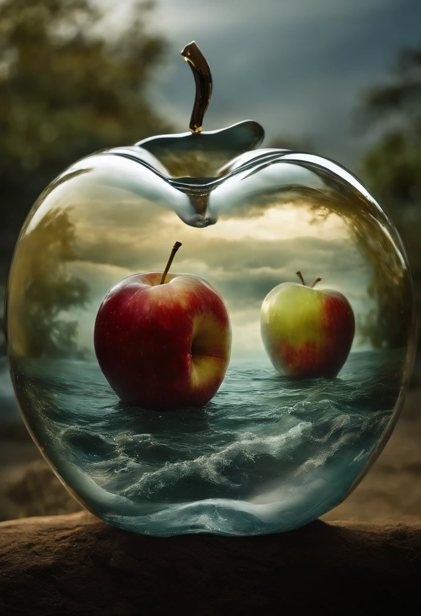 Lovely double exposure image blending stormy sea and glass apples. The sea must serve as an underlying background, Its details are subtly incorporated into the glossy glass Apple, Sharp Focus, double exposure, Glossy Glass Apple, (Translucent glass statue of an apple) (Inner Sea) lifeless, decedent, Glass Apple, earthy colors, decadence, intricate designs, Hyper realistic, High Definition, Extremely detailed, Dark softbox image, 光线追踪, Cinematic, nffsw, Photorealistic (double exposure:1.1)