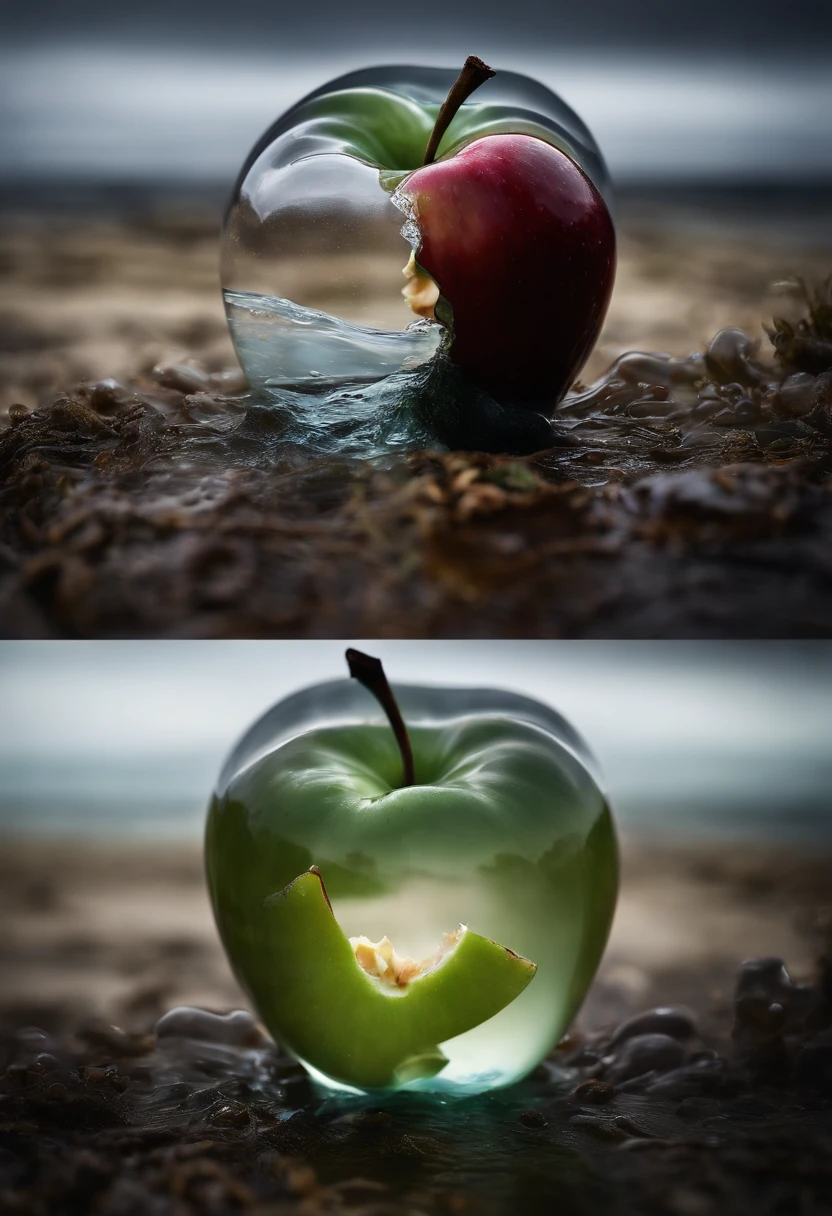 Lovely double exposure image blending stormy sea and glass apples. The sea must serve as an underlying background, Its details are subtly incorporated into the glossy glass Apple, Sharp Focus, double exposure, Glossy Glass Apple, (Translucent glass statue of an apple) (Inner Sea) lifeless, decedent, Glass Apple, earthy colors, decadence, intricate designs, Hyper realistic, High Definition, Extremely detailed, Dark softbox image, 光线追踪, Cinematic, nffsw, Photorealistic (double exposure:1.1)