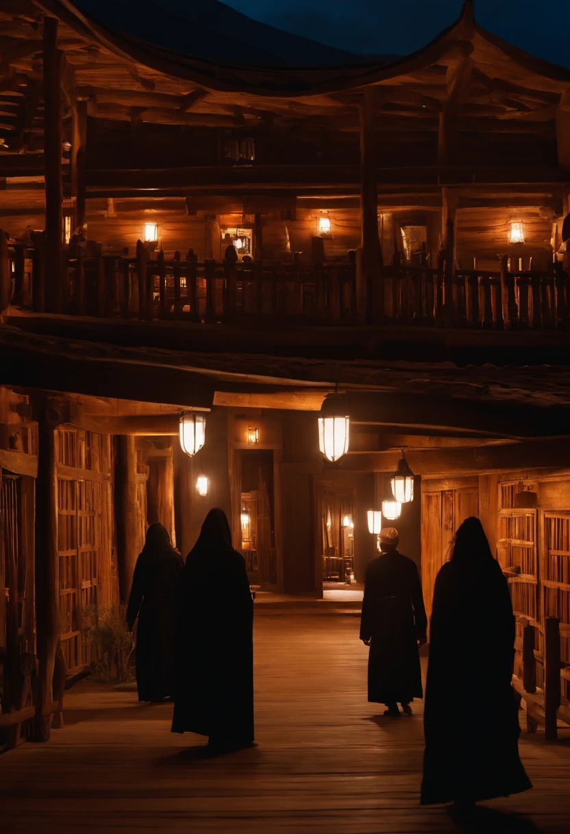 Wooden hotel at night,The lights are very weak,A group of villagers wearing black robes,Various weapons in hand,walking in the corridor。