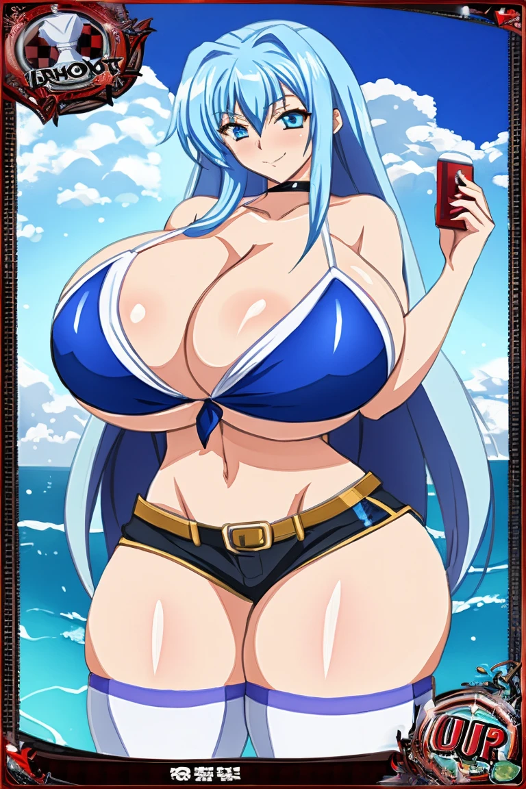 masterpiece, best quality, extreme detail, digital painting, absurdres, volumetric lighting, 1girl, solo,(gigantic breasts), massive breasts,short shorts,thighhighs,long hair,thick thighs,wide hips,standing,choker,heavy blush,shortstacks, fang, tall female, big boobs, tall, huge breasts, dxd style, bikini, best quality, gigantic breasts, dxd style, light blue hair, medium hair, blue eyes,