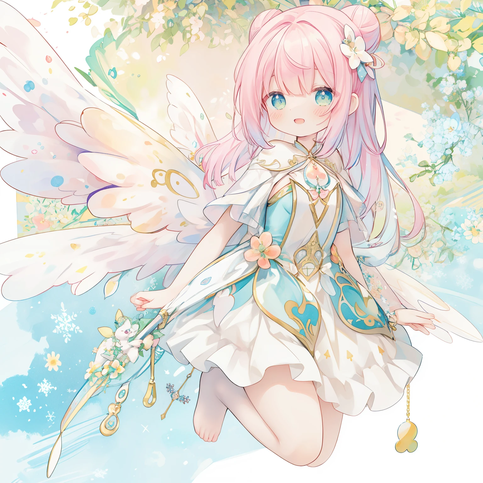 (PastelColors:1.3)、(Cute illustration:1.3)、(watercolor paiting:1.1)、(Wearing large transparent fairy wings with polka dots。。。。。。。。:1.3),Bluezinha flutuando em uma bolha mágica, ao lado de gatinhos-nuvem! 🐱
E boa noite detailed background、Smile with open mouth、Beautifully detailed、Moya、colourfull、marble、Particles of light、patterns、looking left、Shirayuki Noel、Snowflake、
Detailed drawing、Vibrant colors、striking contrast、intricate detailes、Delicate depiction、Luminescent、full body Esbian、From the side、Beautiful facial features、Brightly colored eyes、Wearing intricate and delicate ornaments、glowing aura、Radiant hair,Illuminated by the morning light、Summer wreaths、Pale yellow-green background、Fairy with a bouquet of flowers、Fancy Fairy、A pink-haired、Bun head、jumpping、levitation、Thick wool gown:0.3