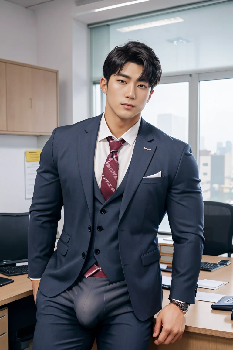 HOMEM COREANO, wearing a suit, cheavage, PEITO MUSCULAR, volume na cueca, bulge, grande, in office, usando terno, trabalhando