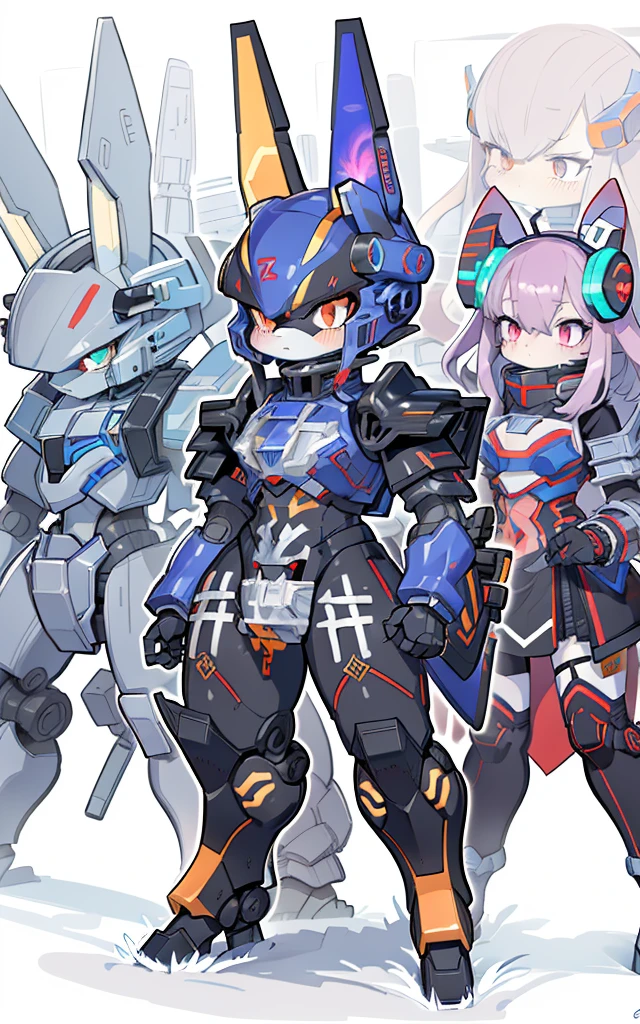 Cartoon image of robot rabbit holding gun, mecha cyber armor, Cool mech style, mechasuit, Full robot full body mecha suit, cyber fight armor, wearing cyber armor, anime mecha armor, Purple armor, Complex assassin mecha, Mecha Inspiration, Trio, three roles, Spatial perspective, The vision becomes blurred