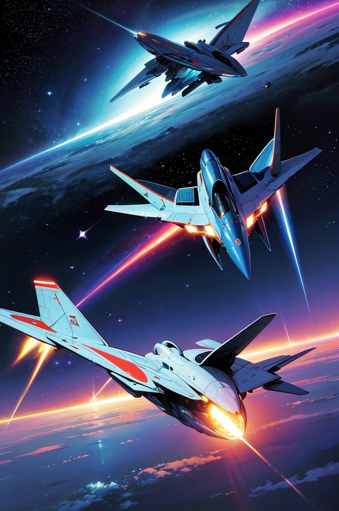 masterpiece, highest quality, sleek shiny spaceship flying through space, 80s, colorful, space, stars, vivid colors, retro