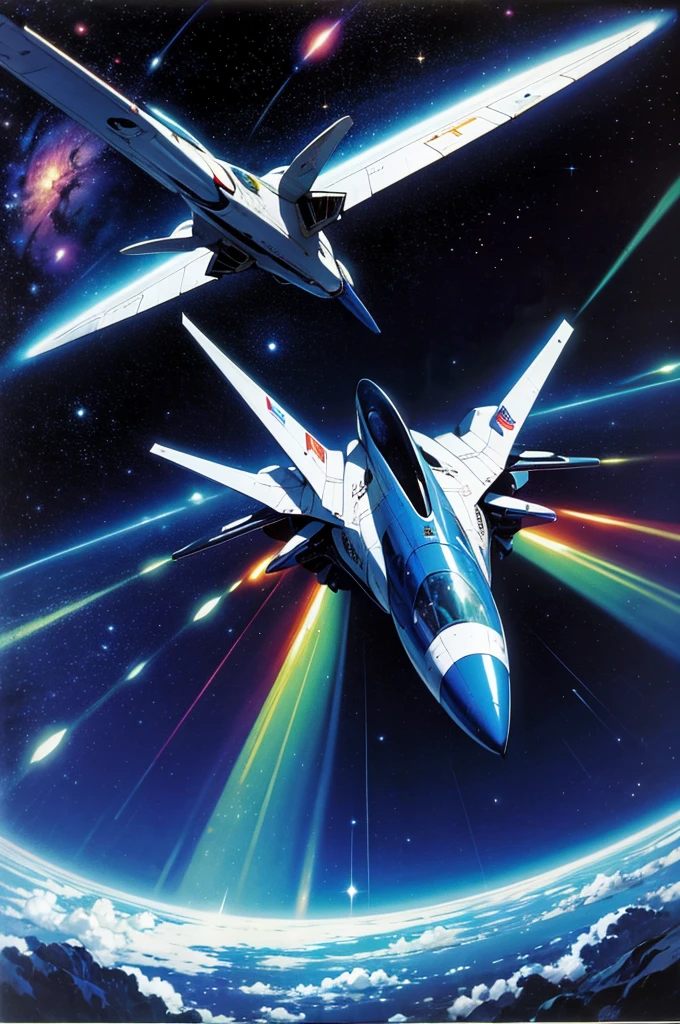 masterpiece, highest quality, sleek shiny spaceship flying through space, 80s, colorful, space, stars, vivid colors, retro