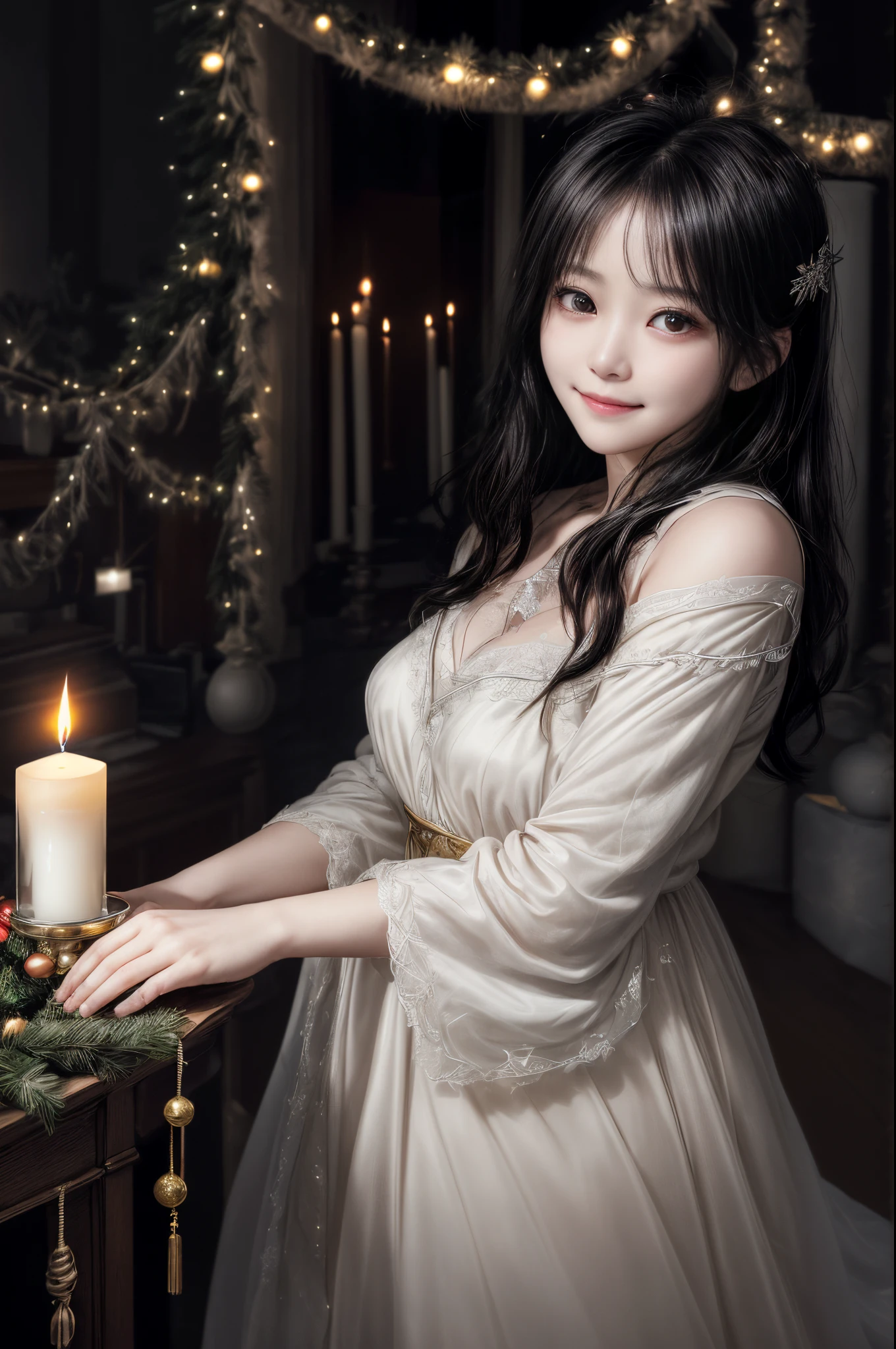 infp young woman、shorth hair、big eye、clear amber eyes、innocent smiles、Christmas tree decoration、Holy Night、(darkened room:1.5)、only candle light、depth of fields、masterpiece、Ultra-realistic、ultra-quality、超A high resolution、(The candle flame is reflected in my eyes:1. 3)、