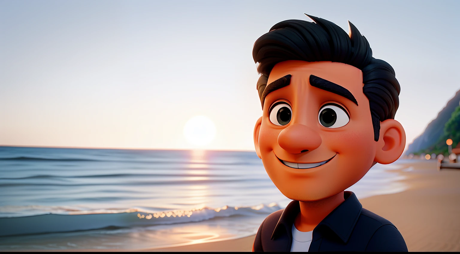 homem de 38 anos, branco cabelo preto,olhos castanhos, sorrindo . .ambiente na praia vendo o por do sol; cinematografic, luz suave, retroiluminado, micro detalhes, renderizado, fotorrealista, cinemactic , 85 mm 1,4