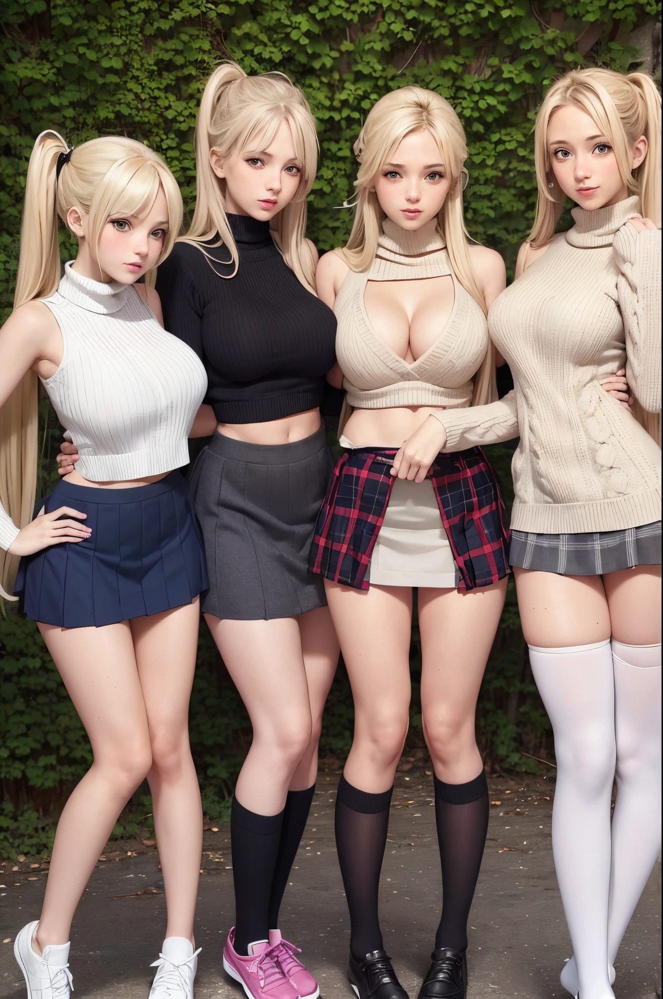 3 girls, three girls, 3 sexy blonde, very long twintails, teenagers outdoors, virgin killer sweater, skirt, breasts, cleavage, skirt lift, lifted by self, panties, cameltoe, posing alluringly, parted lips