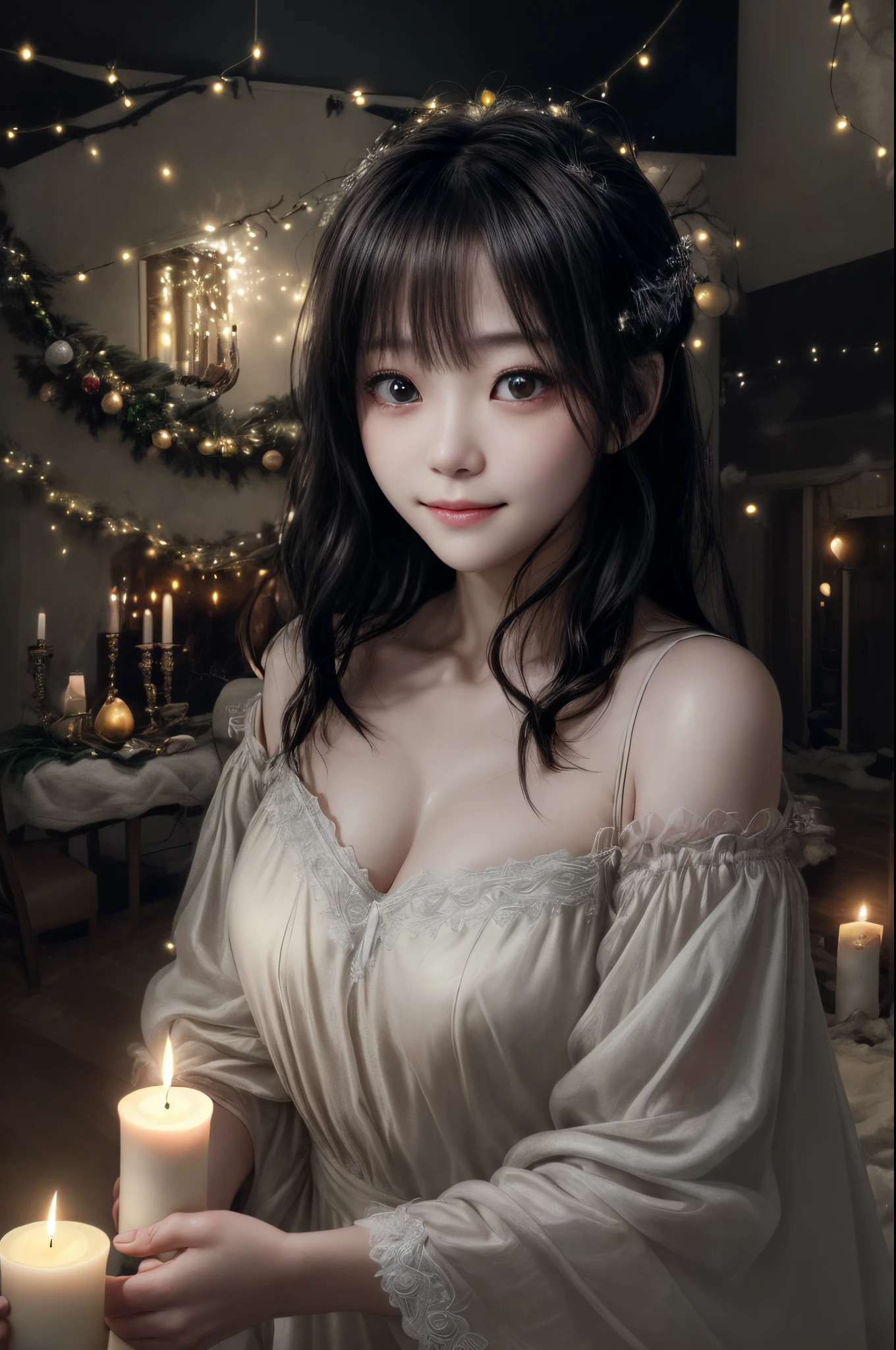 infp young woman、shorth hair、big eye、clear amber eyes、innocent smiles、Christmas tree decoration、Holy Night、(darkened room:1.5)、only candle light、depth of fields、​masterpiece、Ultra-realistic、ultra-quality、超A high resolution、(The candle flame is reflected in my eyes:1. 3)、