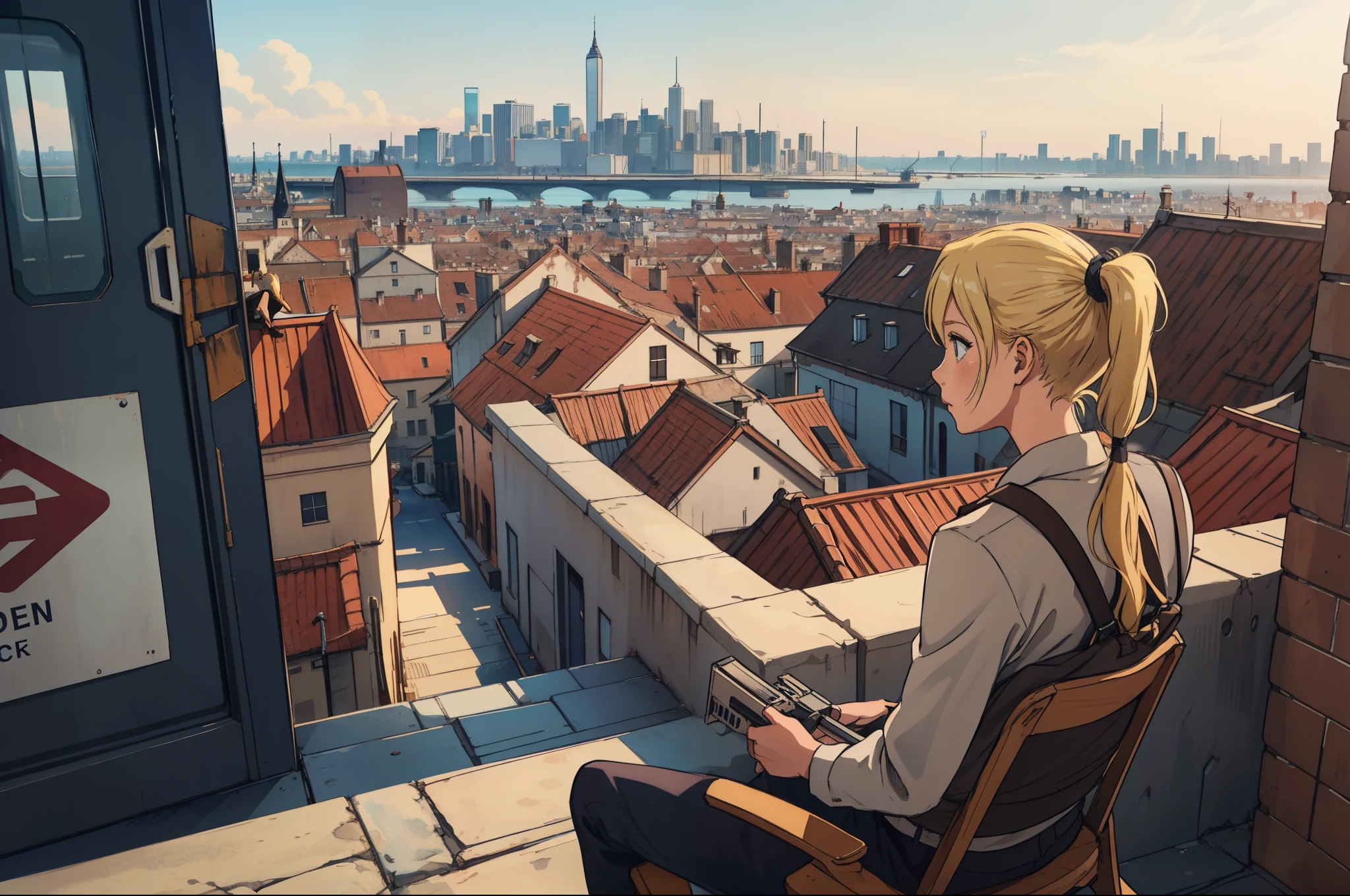 a blonde girl with ponytail hair sitting on a chair saw a view of a classic city from a castle, attack on titan season 3 artstlye