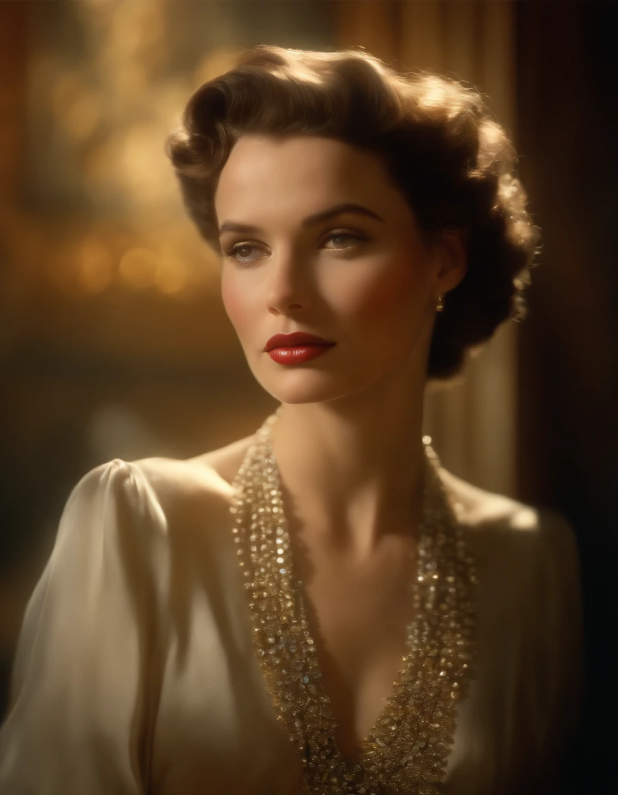 (Masterpiece) portrait of a heavenly beautiful Hugo Boss model in 1940s, beautiful painting with highly detailed face by Alphonse Mucha, Craig Mullins, Greg Rutkowski, magali villanueve, (the most beautiful portrait in the world:1.5), in the style of shiny rhinestone crystals.