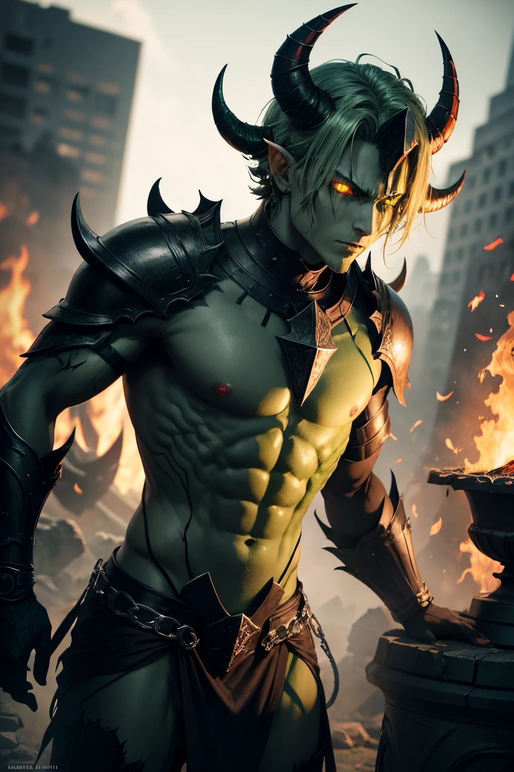 Male devil in hell,dark green body skin,Yellow eyes,light green horns,Put on gray stone armor.,The background is a well of acid and flames.,city in hell