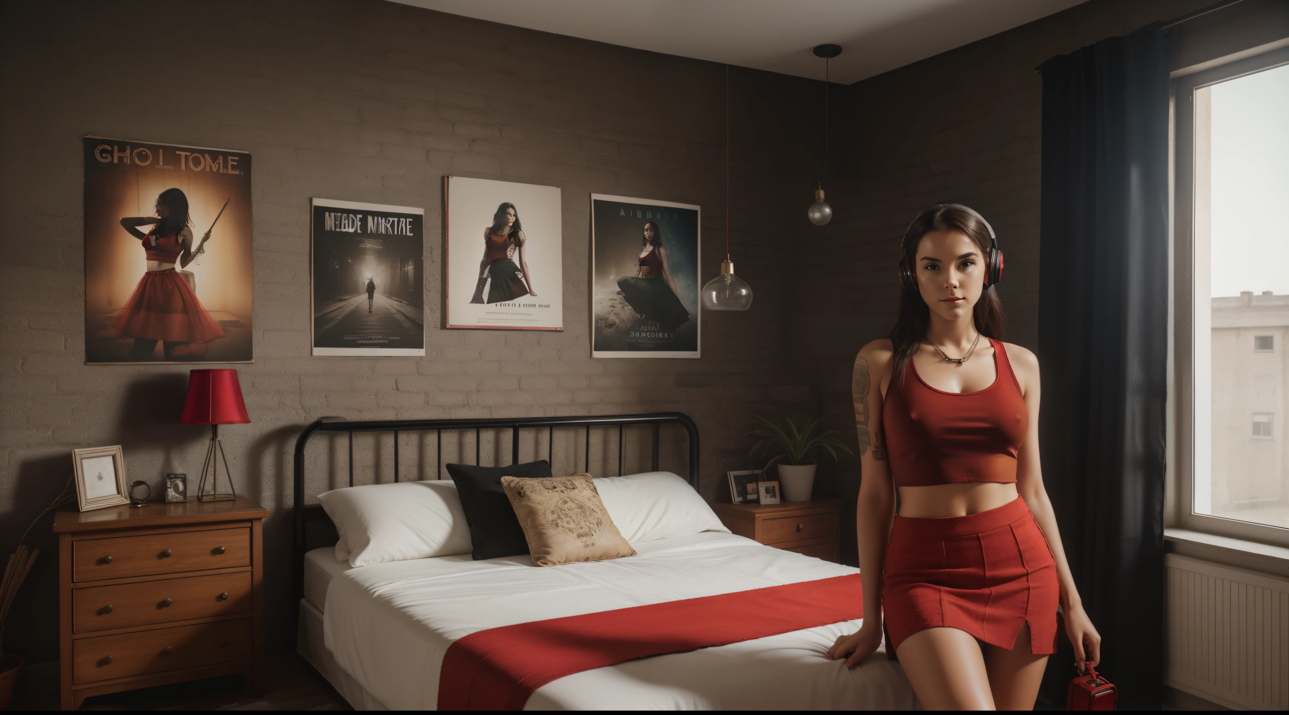 (highres, realistic:1.37),A 17 years old girl (alone) in her room,[Her face is combination of (((irene1:1.2))) and (((Excella_er5:1.2)))]. ((She is wearing a (red:1.4) tank-top and a (red) miniskirt:1.4)). Her (cleavage) was visible from her (large breasts:1.4). She has black hair,tall and slender body,(192cm tall),thin and delicate figure,graceful posture. Her room has rock feel,isolated atmosphere,grunge details,distressed textures,moody lighting,dark shadows,edgy fashion,dreamy gaze,vintage posters,posters on the wall,music player,headphones,sketchbook,comfortable chair,large window,artistic pins,CD collection,inspirational quotes,urban setting,teenage rebellion,expressive tattoos,determined expression,dimmed lights,contrast and depth,rough brick walls,statement necklace,peaceful moment,thoughtful mood,messy bed,texture-rich artwork