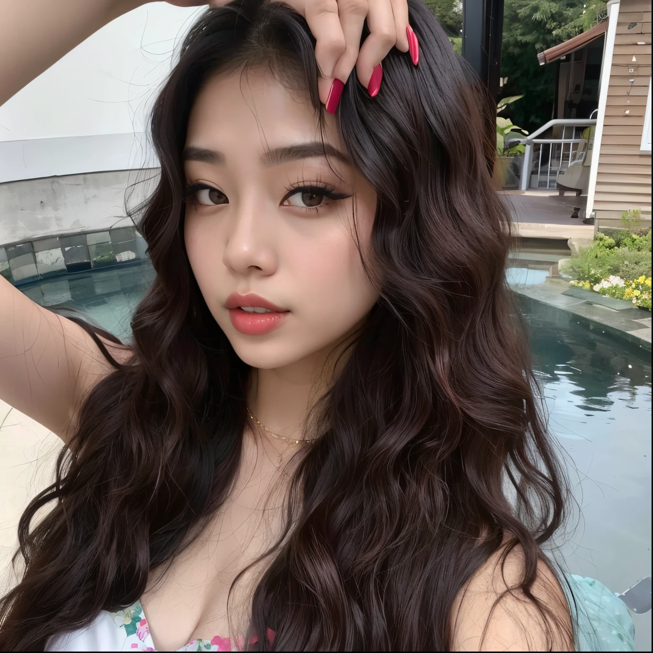 un primer plano de una mujer con cabello largo y manicura roja, ulzzang, Asian girl with long hair, cabello ondulado hasta los hombros, Cabello ondulado oscuro vibrante, Hermosa joven coreana, Chica coreana, Hermosa mujer surcoreana, con el pelo largo, con cabello largo y rizado, Hermosa joven coreana, cabello ondulado, cabello negro ondulado, cabello ondulado extendido