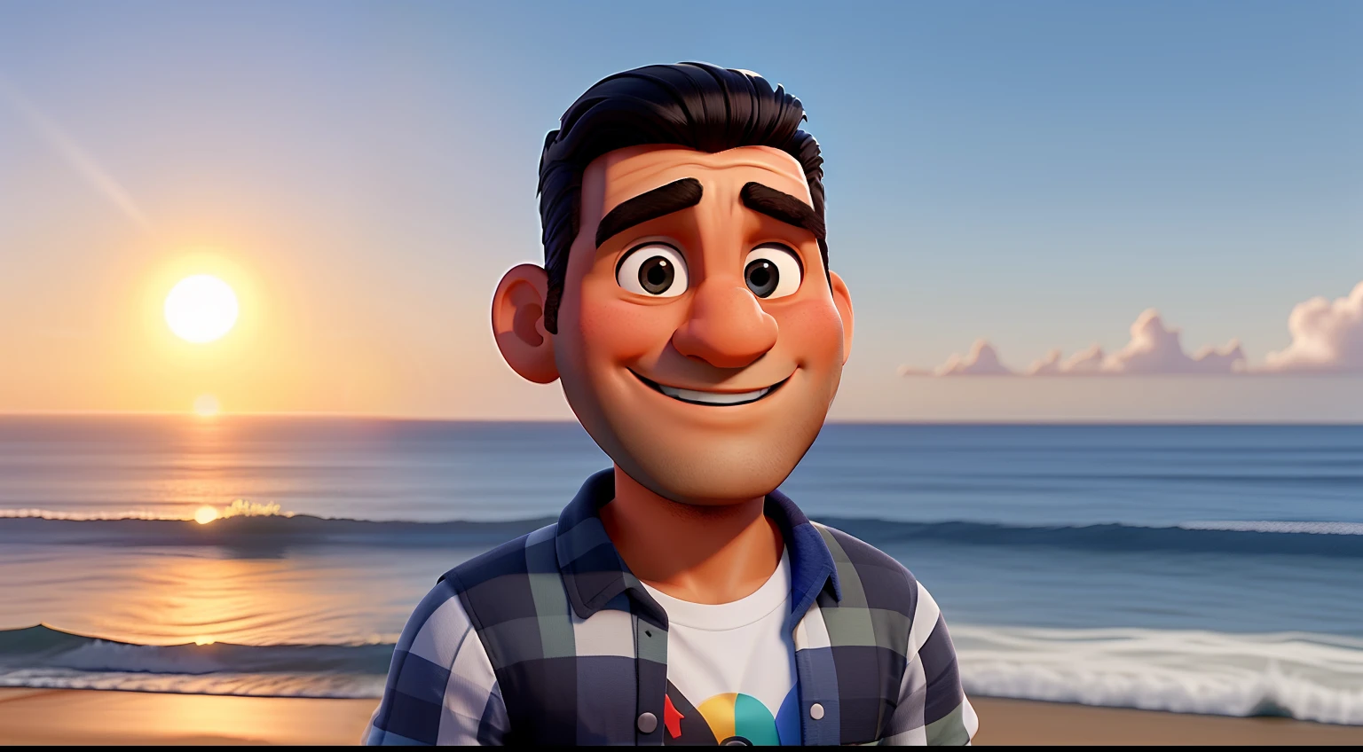 Um homem branco de 30 anos cabelos preto sorrindo. Ambiente na praia, watching the sun set. Imagem tipo Disney