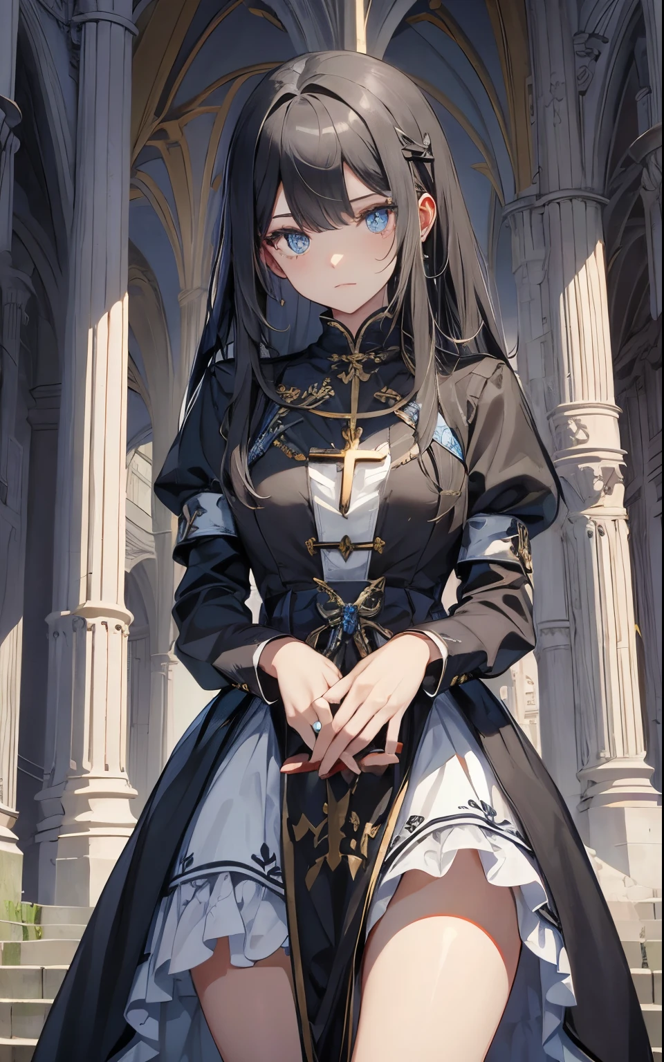 hands crossed,Cross pendant,black long straight hair,Light blue pupils,curate,divino