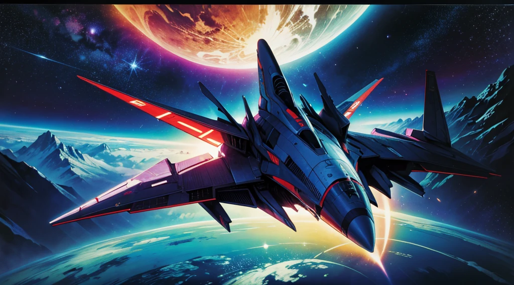 masterpiece, highest quality, 1 sleek spaceship flying through space, 80s, colorful, space, stars, vivid colors, retro