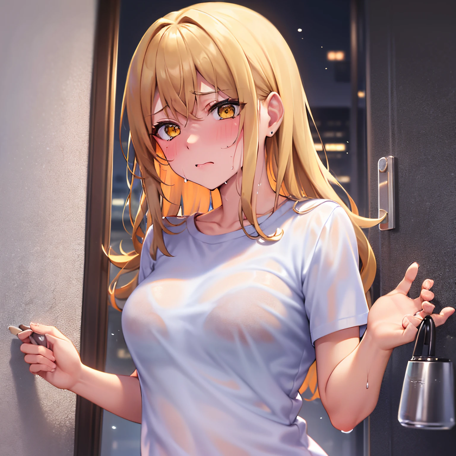 masterpiece、hightquality、(Blonde medium hair, wetting hair, yellow eyes)、wetted skin, An 18-year-old woman、Sheer white t-shirt、a miniskirt、Close-up of the subject's face、(Alone:1.5)、(Sad look:1.1)、(Kamimekai:1.3)、(Only the upper body is shown.:1.3)、Bold composition、natta、entrance_ground