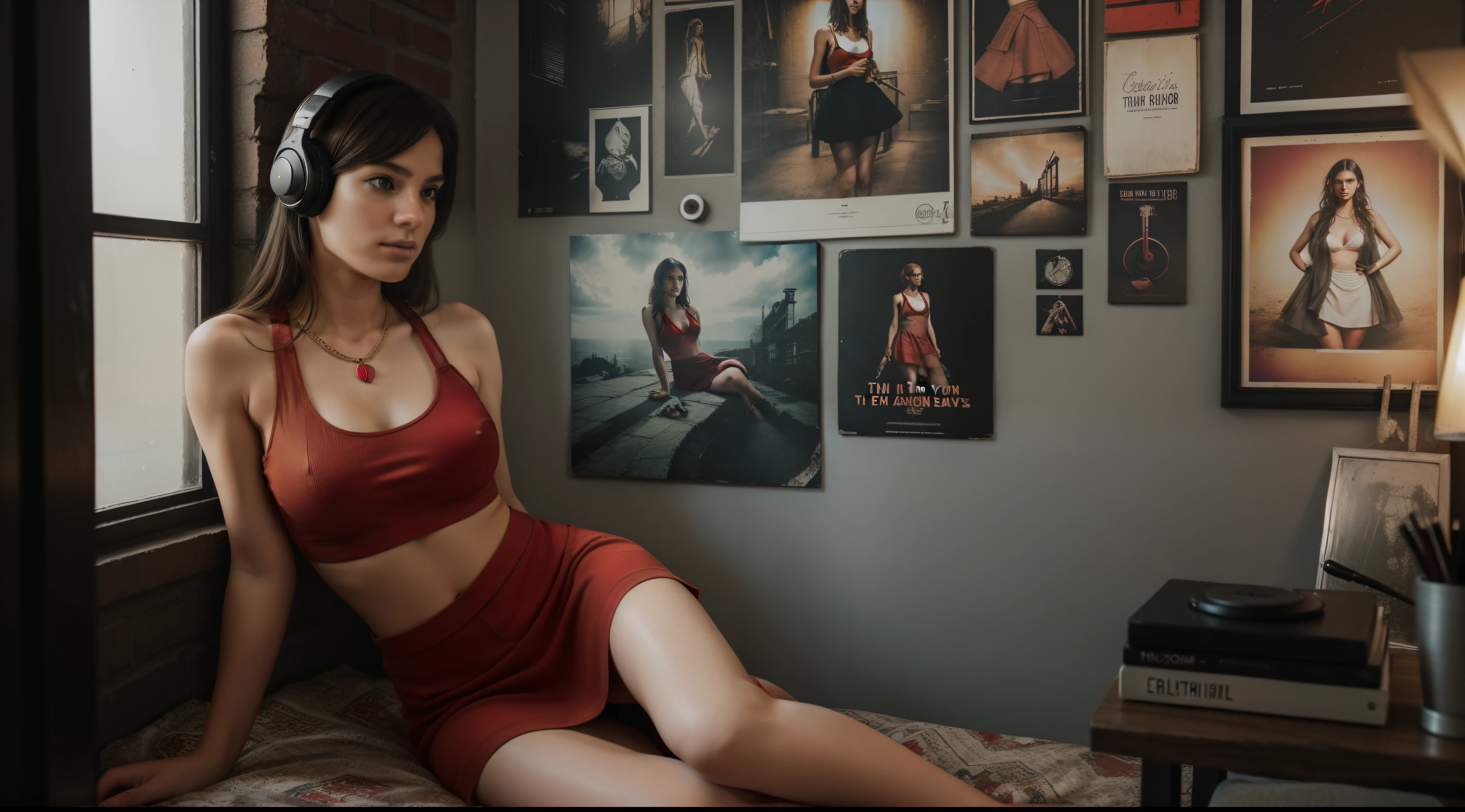(highres, realistic:1.37),A  girl (alone) in her room,[Her face is combination of (((irene1:1.2))) and (((Excella_er5:1.2)))]. ((She is wearing a (red:1.4) tank-top and a (red) miniskirt:1.4)). Her (cleavage) was visible from her (large breasts:1.4). She has black hair,tall and slender body,(192cm tall),thin and delicate figure,graceful posture. Her room has rock feel,isolated atmosphere,grunge details,distressed textures,moody lighting,dark shadows,edgy fashion,dreamy gaze,vintage posters,posters on the wall,music player,headphones,sketchbook,comfortable chair,large window,artistic pins,CD collection,inspirational quotes,urban setting,teenage rebellion,expressive tattoos,determined expression,dimmed lights,contrast and depth,rough brick walls,statement necklace,peaceful moment,thoughtful mood,messy bed,texture-rich artwork