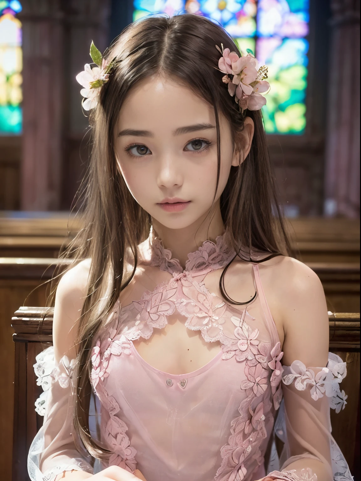(top-quality), Realistic, (real picture, Intricate details, depth of field), highly-detailed, ((wearing pink see-through dress on naked, halter neck, lace)), (((small chest:1.3))), (neat face, looking away), (teenage Japanese Girl sitting in large church), (long wavy hair, one-length hairstyle, flower hair ornament:1.2), fair skin, Stained glass, hard lighting