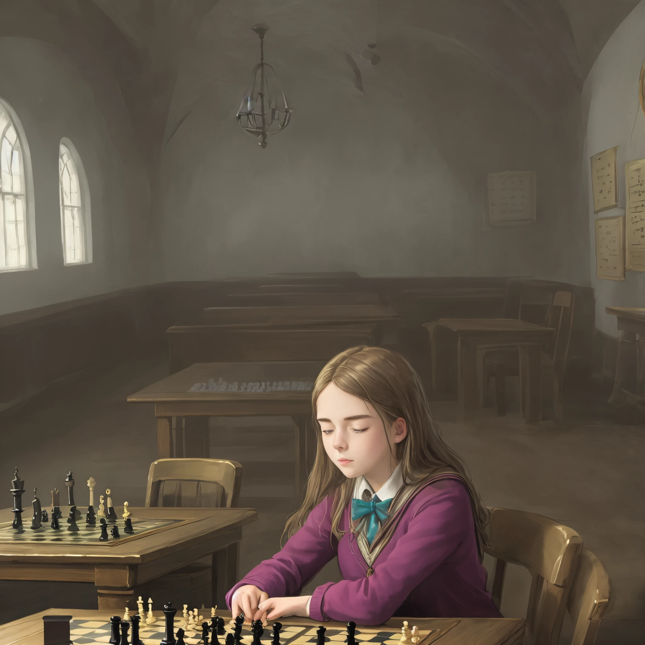 Teenage Hermione dozing off in a game of chess in an empty Hogwarts classroom.