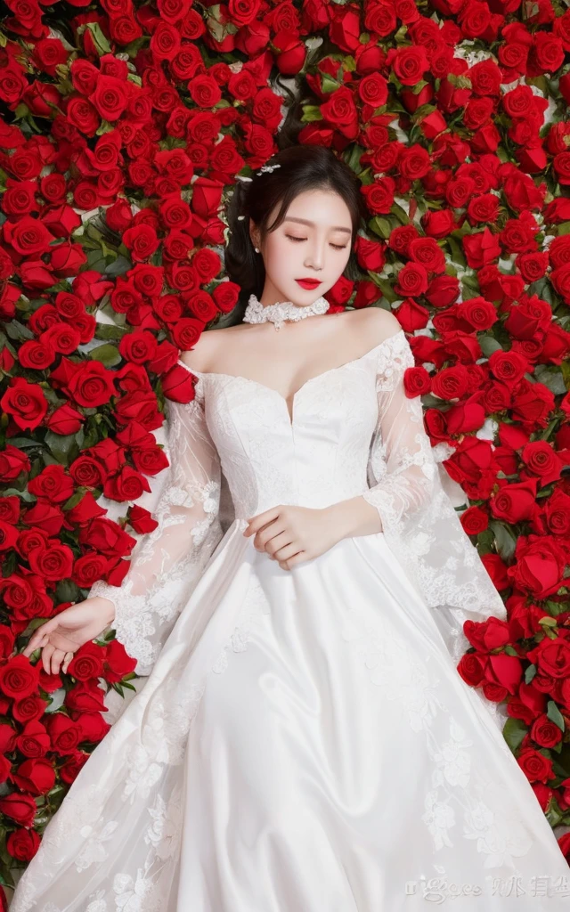 1girl, solo, dress, white dress, flower, looking at viewer, long hair, black hair, lips, rose, realistic, lying, brown eyes, on back, puffy sleeves, white flower, short sleeves, white rose, red lips, closed mouth, red flower