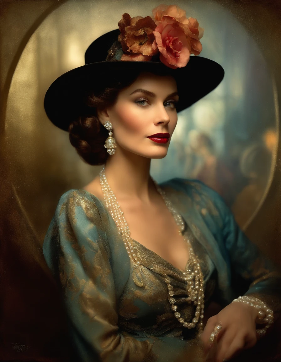 (Masterpiece) portrait of a insanely beautiful Coco Chanel model in 1940s, beautiful painting with highly detailed face by Alphonse Mucha, Craig Mullins, Greg Rutkowski, magali villanueve, (the most beautiful portrait in the world:1.5), in the style of shiny rhinestone crystals.