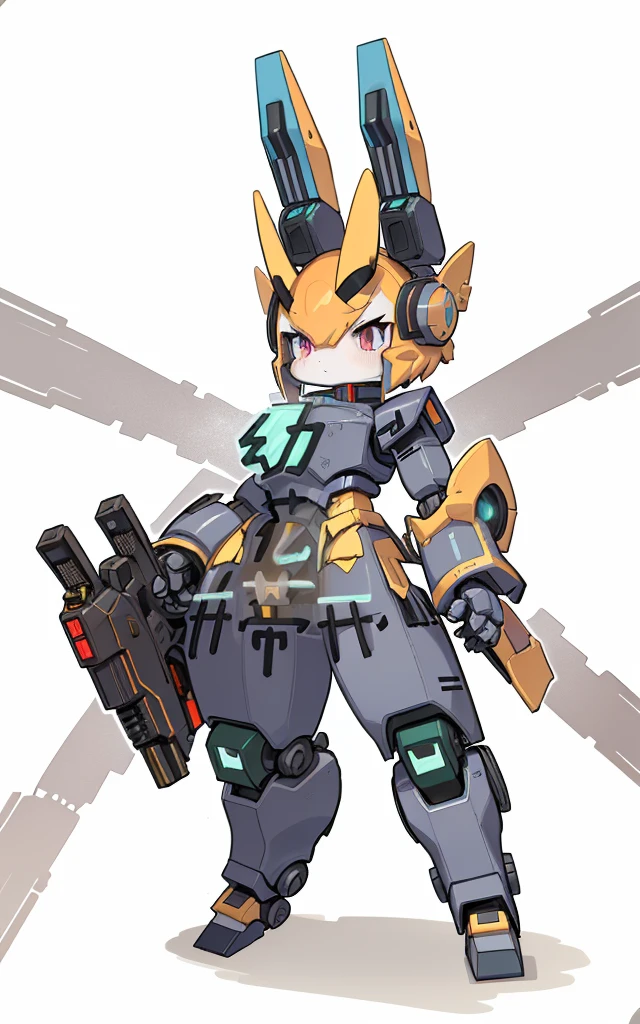 Cartoon image of robot rabbit holding gun, mecha cyber armor, Cool mech style, mechasuit, Full robot full body mecha suit, cyber fight armor, wearing cyber armor, anime mecha armor, Purple armor, Complex assassin mecha, Mecha Inspiration, Trio, three roles, Spatial perspective, The vision becomes blurred