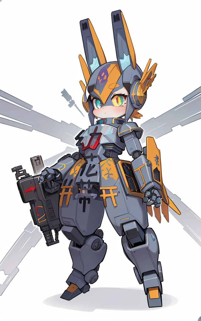 Cartoon image of robot rabbit holding gun, mecha cyber armor, Cool mech style, mechasuit, Full robot full body mecha suit, cyber fight armor, wearing cyber armor, anime mecha armor, Purple armor, Complex assassin mecha, Mecha Inspiration, Trio, three roles, Spatial perspective, The vision becomes blurred