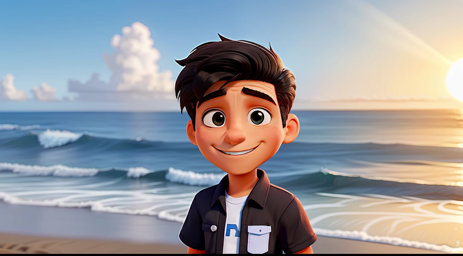 Um homem branco de 24 anos cabelo preto e sorrindo. Ambiente na praia, watching the sun set. Imagem tipo Disney