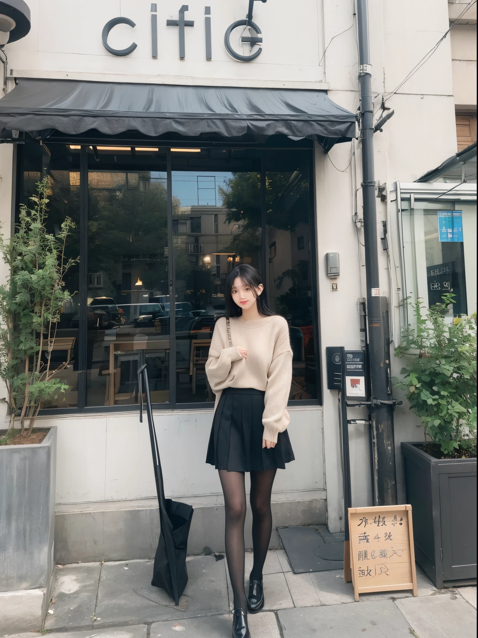 tmasterpiece, Best quality,1人,Sweaters,pleatedskirt,black pantyhoses,in front of the cafe, black hair color hair, actual,