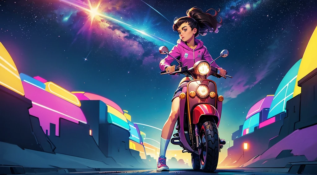 masterpiece, highest quality, 1 girl riding scooter through space, 80s, colorful, space, stars, vivid colors, retro