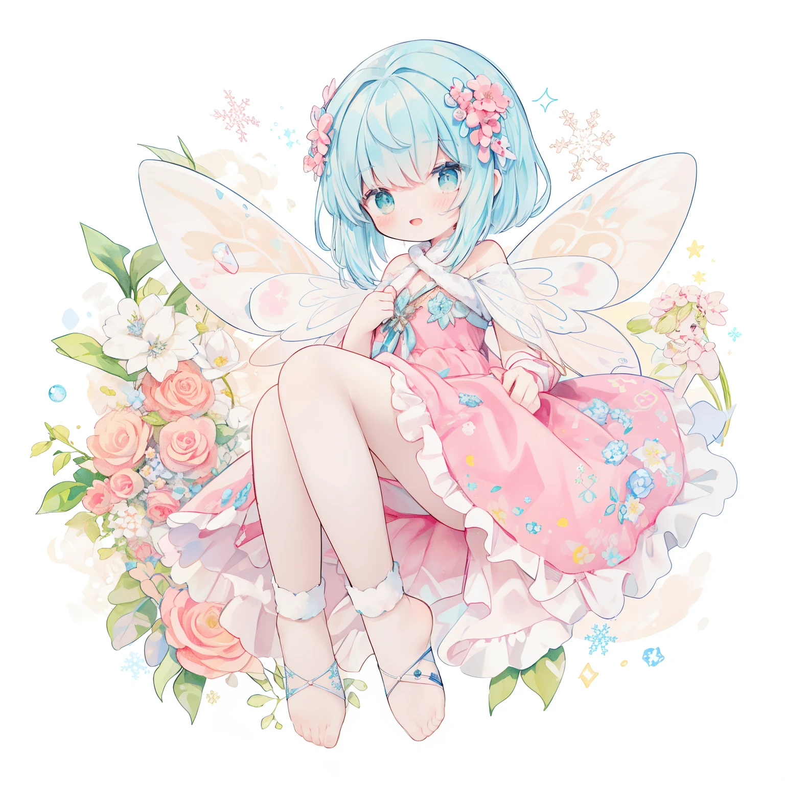 (PastelColors:1.3)、(Cute illustration:1.3)、(watercolor paiting:1.1)、(Wearing large transparent fairy wings with polka dots。。。。。。。。。。。。。：1.3),Falling from the sky,Head down, feet up, Blue haired girl,improve,ultra wide-angle  ,Detailed background、Smile with open mouth、Beautifully detailed、Moya、colourfull、marble、Particles of light、patterns、from side、Shirayuki Noel、Snowflake、
Detailed drawing、Vibrant colors、striking contrast、intricate detailes、Delicate depiction、Luminescent、full body Esbian、From the side、Beautiful facial features、Brightly colored eyes、Wearing intricate and delicate ornaments、glowing aura、Radiant hair,Illuminated by the morning light、Summer wreaths、Pale yellow-green background、Fairy with a bouquet of flowers、Fancy Fairy、A pink-haired、Bun head、jumpping、levitation、Thick wool gown:0.4