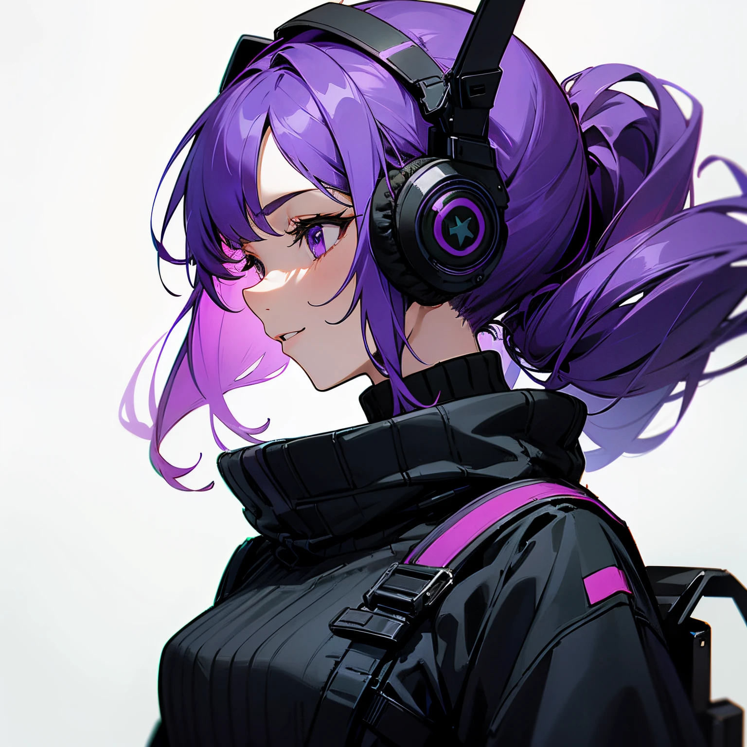 1 woman, 1 purple-haired woman, the woman's hair is purple on the outside and dark green on the inside, the woman has purple eyes, the woman is wearing a long-sleeved sweater with a turtleneck, the woman's sweater is colored black.  black military sweater with green sleeves, green military sweater sleeves, 1 woman with a small defiant smile, profile photo, 1 woman with military headphones, 1 woman with military backpack, dark purple military backpack, white background, behind the girl a background white.