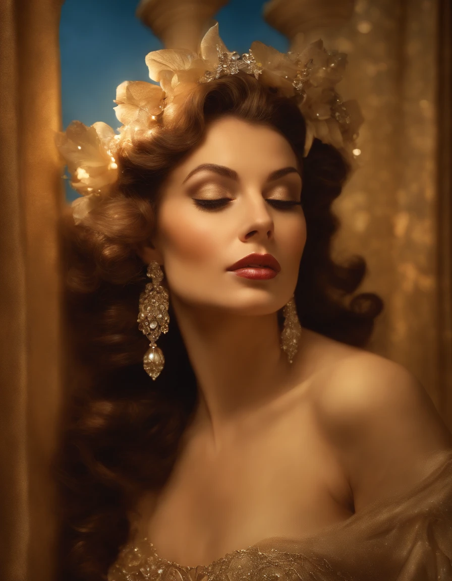 (Masterpiece) portrait of a heavenly beautiful Yves Saint-Laureant model in 1940s, beautiful painting with highly detailed face by Alphonse Mucha, Craig Mullins, Greg Rutkowski, magali villanueve, (the most beautiful portrait in the world:1.5), in the style of shiny rhinestone crystals.
