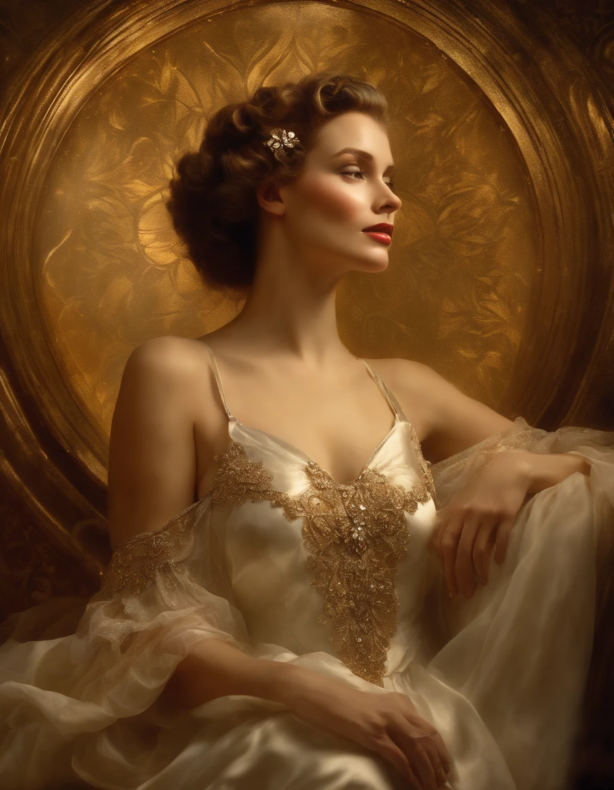 (Masterpiece) portrait of a heavenly beautiful Yves Saint-Laureant model in 1940s, beautiful painting with highly detailed face by Alphonse Mucha, Craig Mullins, Greg Rutkowski, magali villanueve, (the most beautiful portrait in the world:1.5), in the style of shiny rhinestone crystals.
