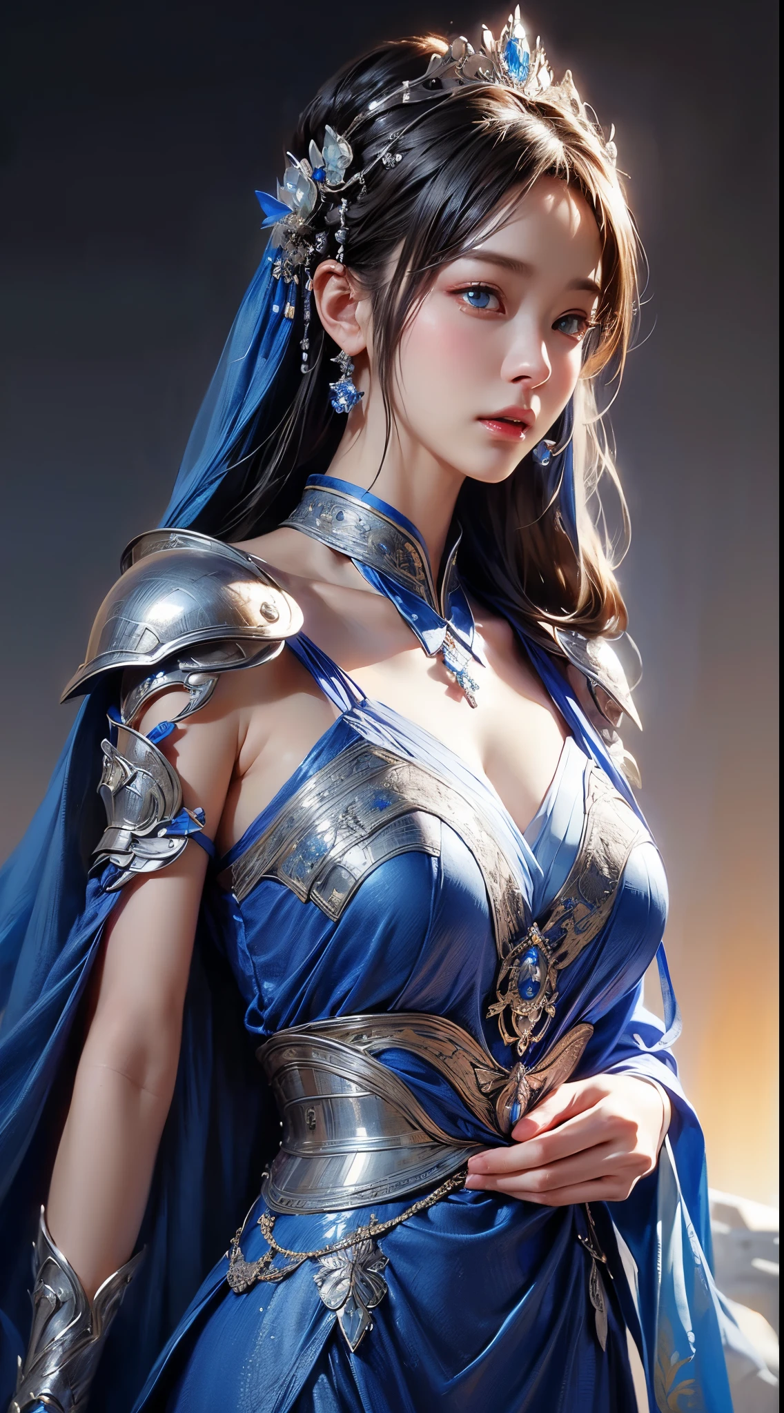 a close up of a woman in a silver and blue dress, chengwei pan on artstation, by Yang J, detailed fantasy art, stunning character art, fanart best artstation, epic exquisite character art, beautiful armor, extremely detailed artgerm, detailed digital anime art, artgerm on artstation pixiv, armor girl