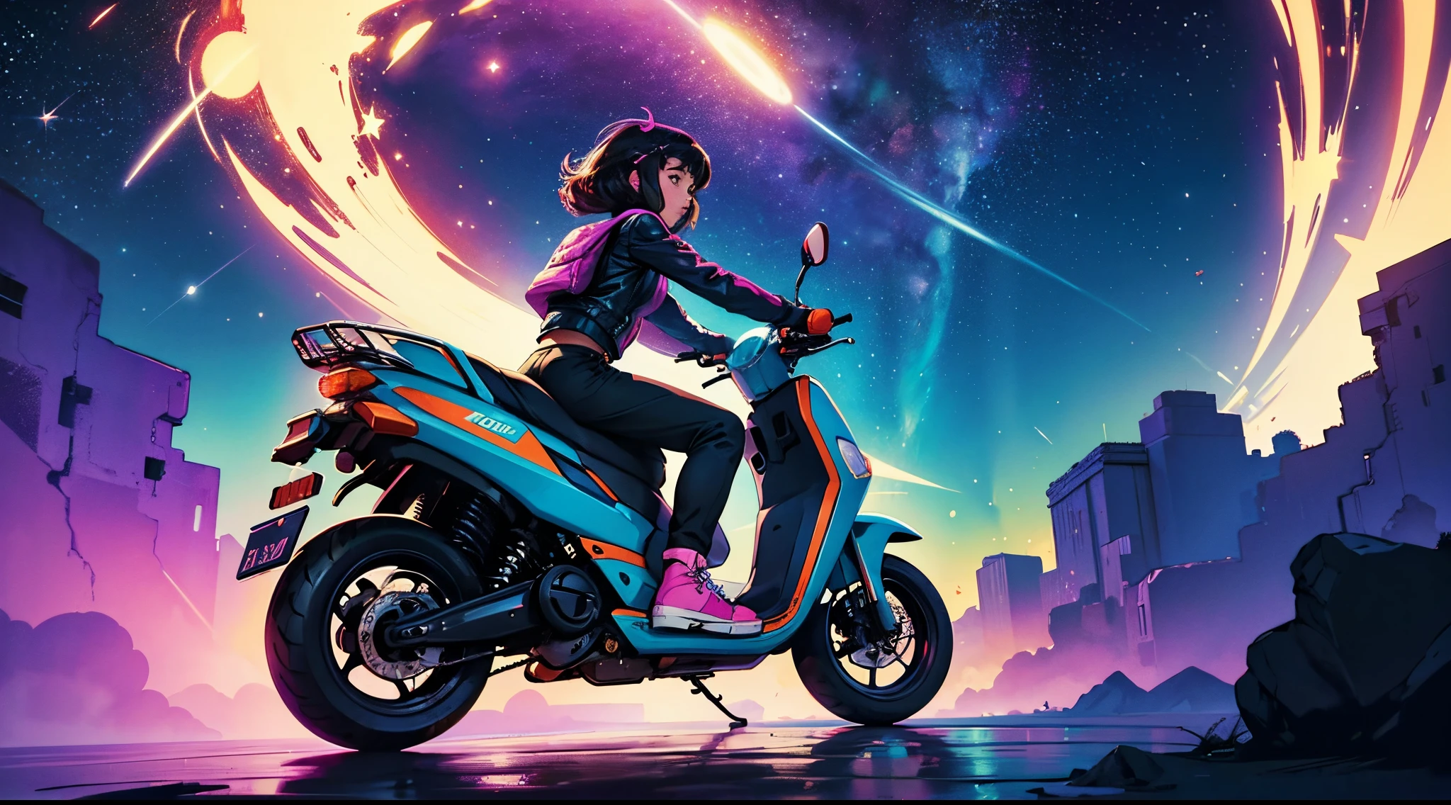 masterpiece, highest quality, 1 girl riding scooter through space, 80s, colorful, space, stars, vivid colors, retro