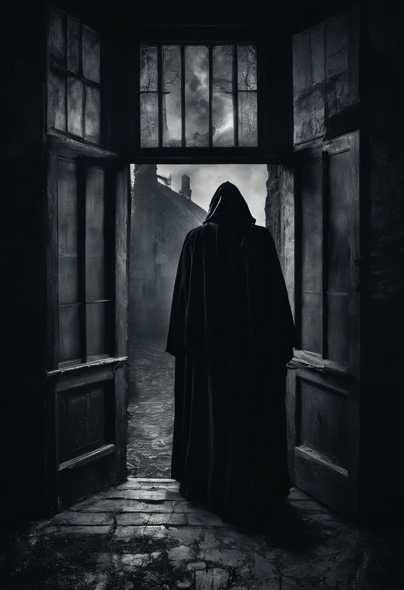 Pitch black night，There are no lights in the hotel，It was pitch black，A group of villagers wearing black robes walking on the corridor，The muzzle of the gun in his hand reflects the moonlight outside the window