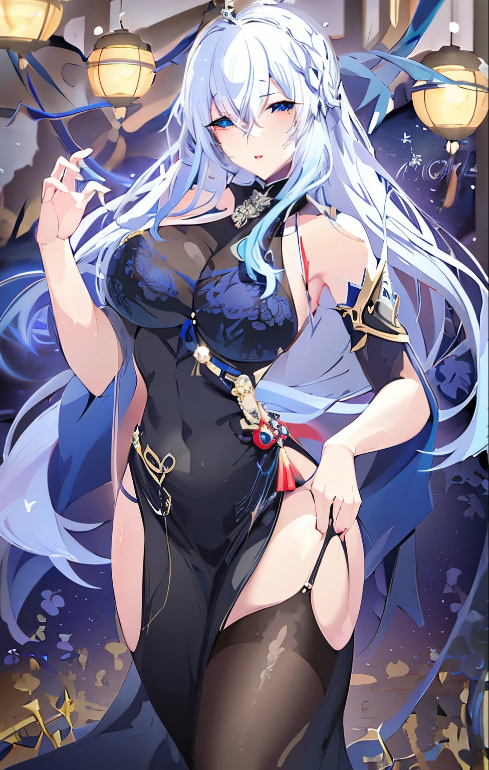 Anime manga girl,Long white hair,eBlue eyes,black color dress, 《first god》Ke Qingyu, white-haired god, anime goddess, seductive anime girls, from girls, full body xianxia, beautiful attractive anime woman, Starting from the night of the ark, Very detailed ArtGerm, anime figure; Full-body art, ((beautiful fantasy empress))
